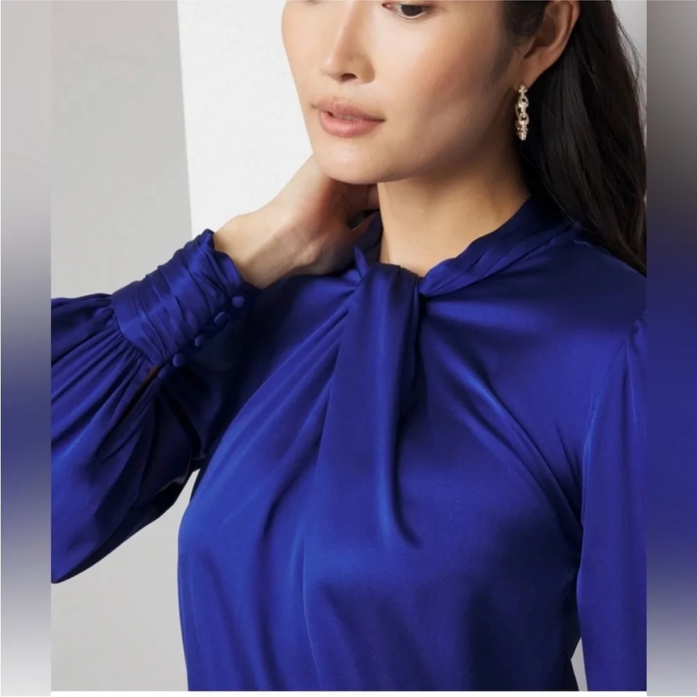 WHBM Chic Royal Blue Long Sleeve Twisted Neck Satin Blouse size 4 - Picture 2 of 15